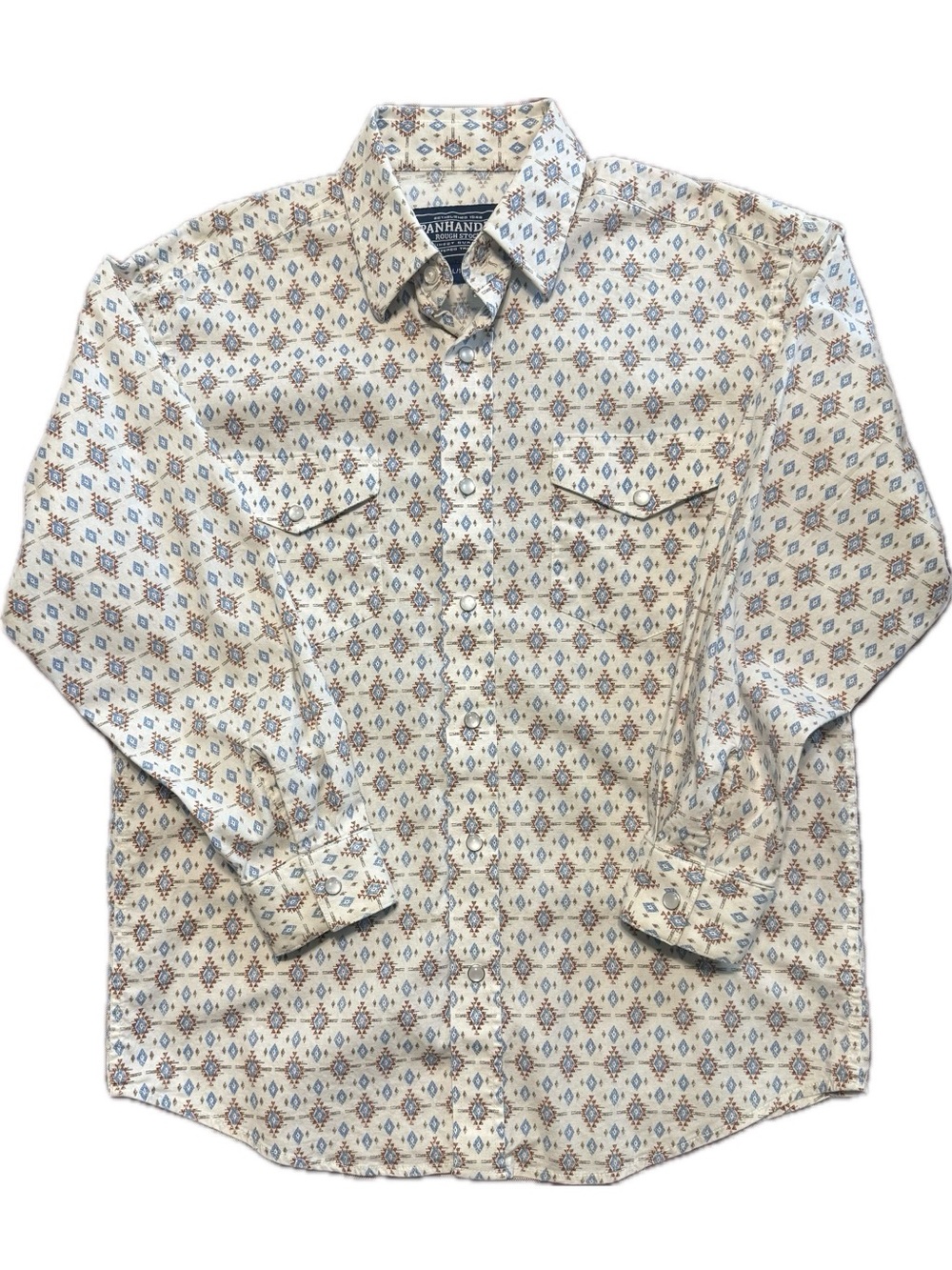 Panhandle Slim Cream Western Shirt with Blue & Brown Geometric Print